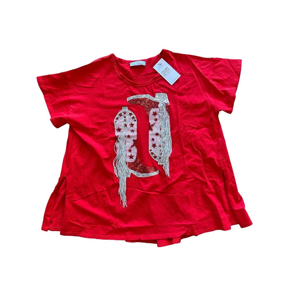 blue b. Poppy Red Sequin Fringe Boots Star Relaxed Fit Crew Neck T-Shirt Size M